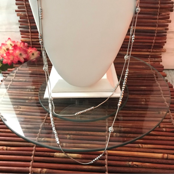 Chico's Silver Tone Beaded Rhinestone Long Double Chain Necklace - Picture 4 of 6